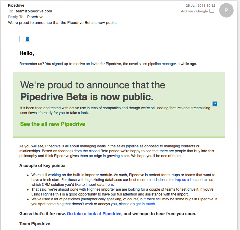 Pipedrive first beta email